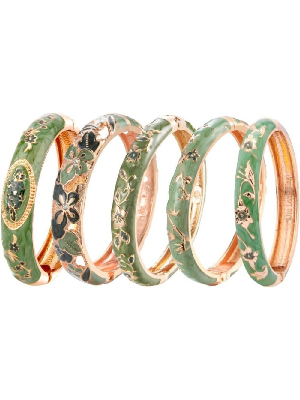 5-Piece Enamel Cloisonne Bracelet Set - Rose Flower Engraved Bangles in Gift Box